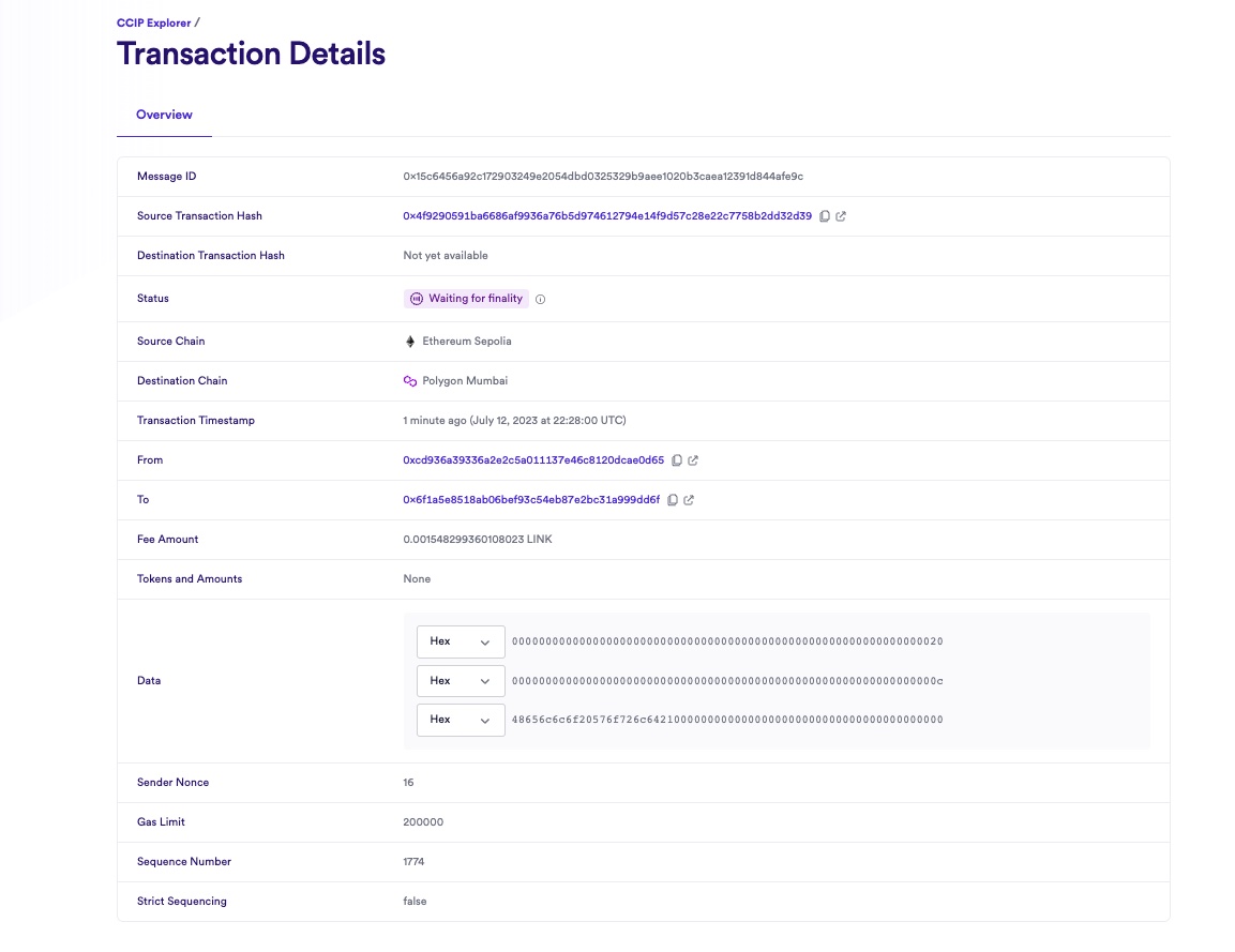 Chainlink CCIP Explorer transaction details